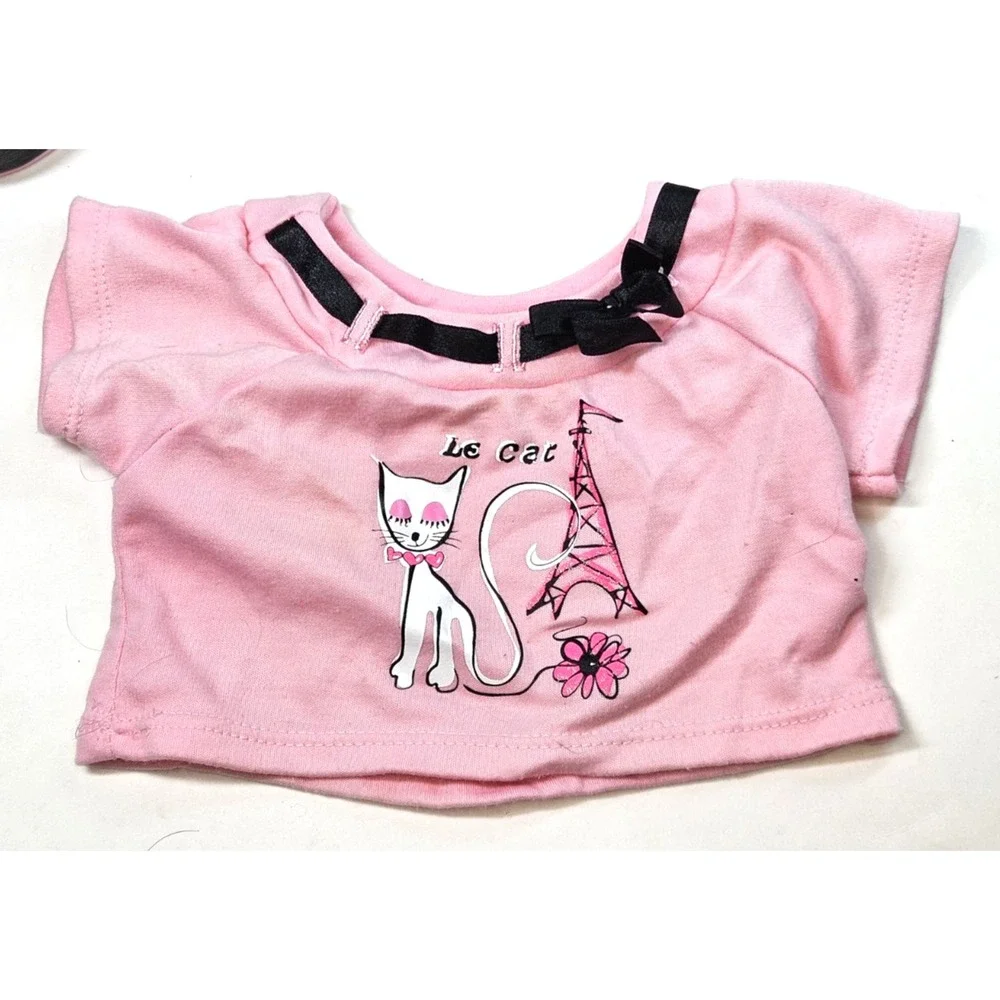 Vintage Build A Bear Pink Le Cat Paris Set- Shirt, Skirt,Sunglasses, Purse.